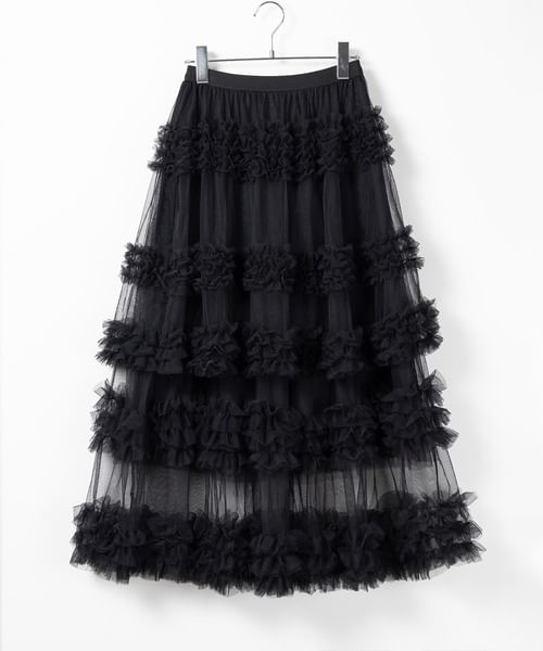 Lexama - Hoge taille effen geplooide mesh maxi A-lijn rok