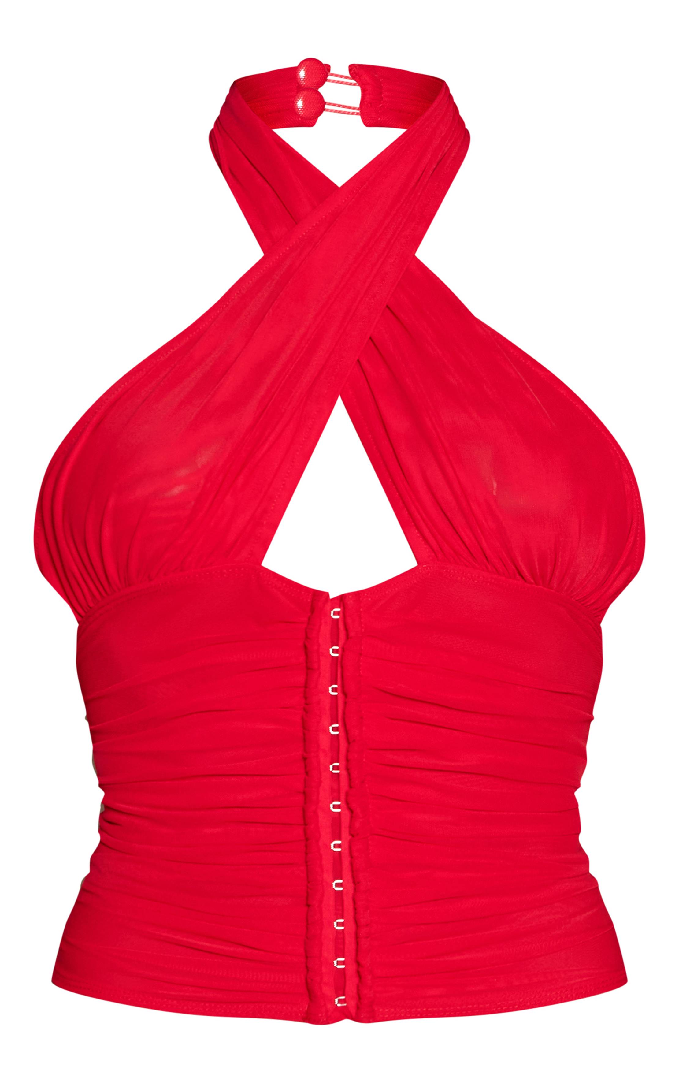 Rouge Haut En Mesh Froncé À Encolure Licou Croisée