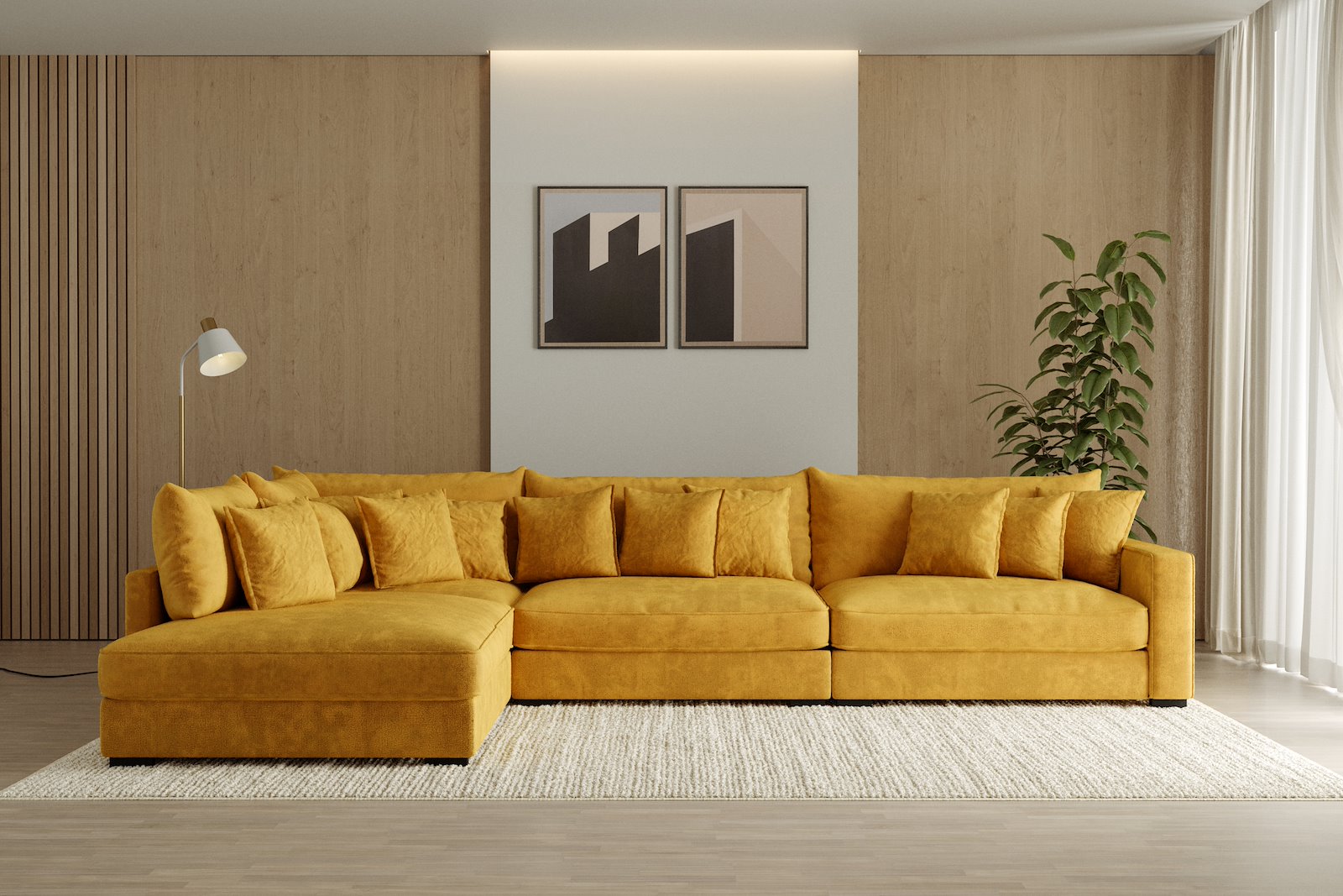 Rossi Lux 4-seter med åpen ende venstre Tekstil Genesis 10 Golden Yellow, arm B med sorte ben. Lux Komfort.