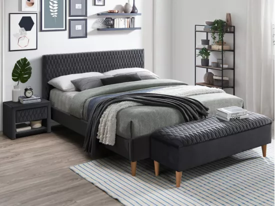 Lit 140 x 190 cm avec tête de lit avec coutures - Velours - Gris - DANIELE