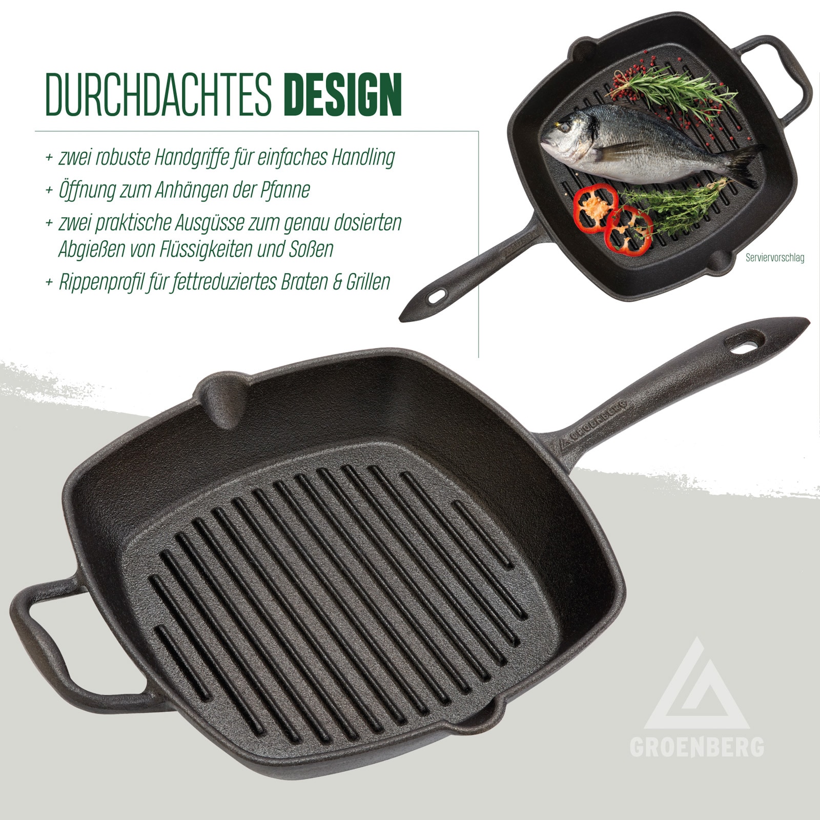 GROENBERG Grillpfanne Gusseisen Pfanne Nabro Bratpfanne Griff Quadratisch 28 cm