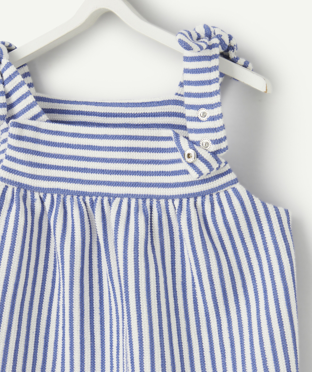top bébé fille en fibres recycées écru et tricot côtelé à rayures bleues