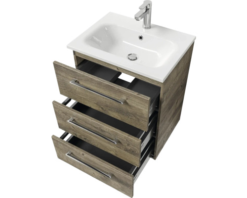 Pelipal Sunline 121 badkamermeubelset (B x H x D 61 x 200 x 46 cm), Ribbeck eiken fronten, met mineraal gegoten wastafel, badmeubel met 3 laden en spiegelkast met LED-verlichting