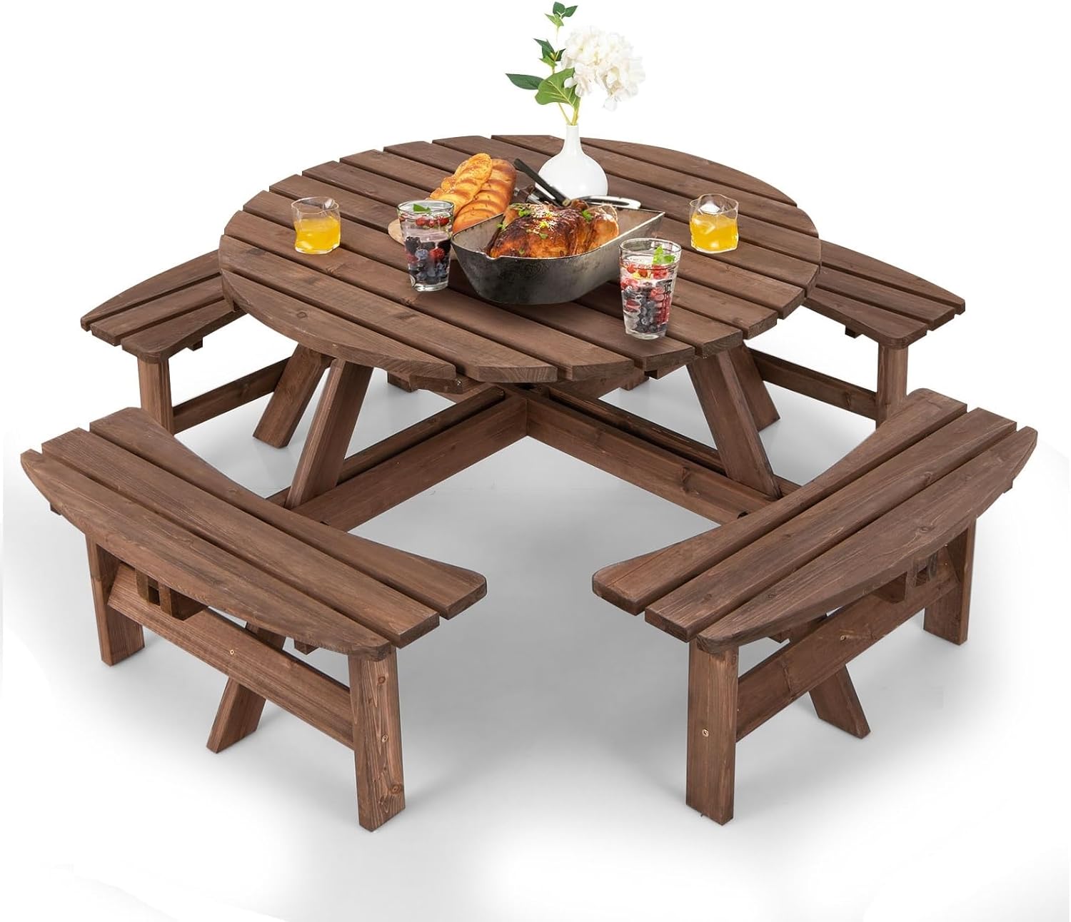 GIANTEX Gartenmöbel Set Holz 8 Personen, Garten Sitzgruppe 4 Bänken & 1 Gartentisch, Picknicktisch mit Schirmloch, Bierzeltgarnitur Bierbankgarnitur Biertischgarnitur Massiv Tannenholz wetterfest