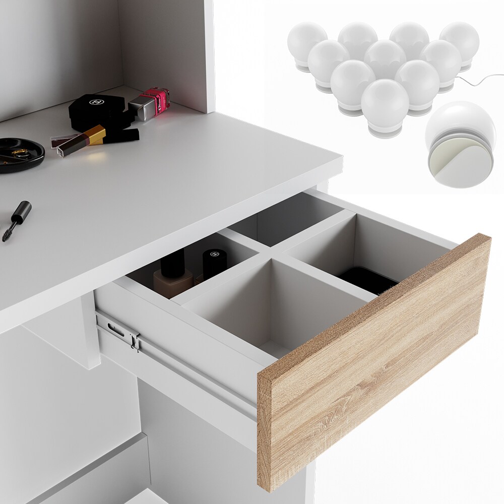 VICCO LED Schminktisch DEKOS Frisiertisch Kommode Kosmetiktisch Weiß Eiche