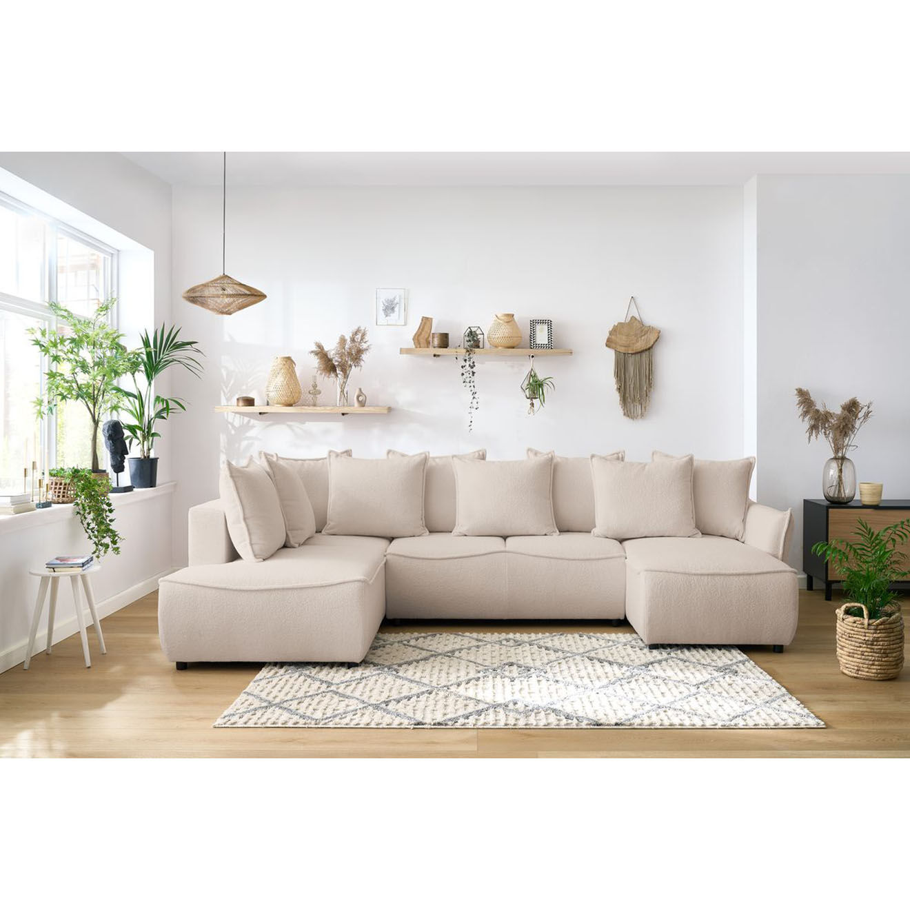 Bobochic Canapé panoramique convertible coffre d'angle droit bouclette léon beige - 320x194x90 cm