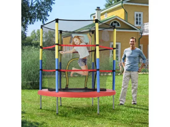 Trampoline pour enfants avec panier de basketball, 45 kg, taille totale (H*L) : 164x140 cm, rouge/jaune/bleu
