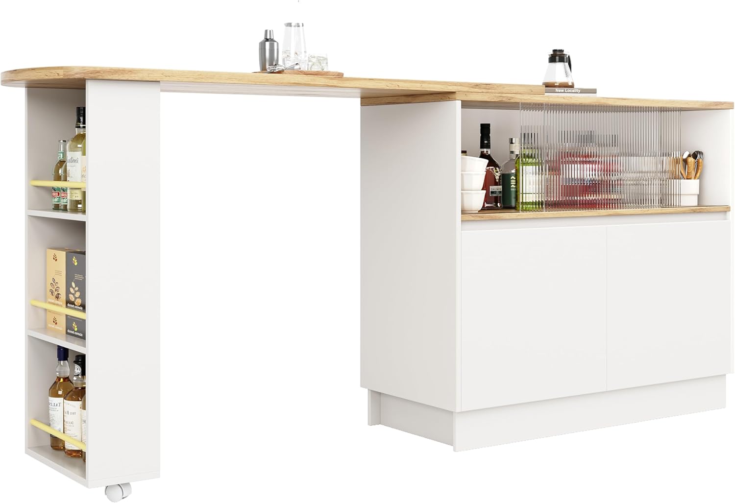 Azkoeesy Bartisch Esstisch 360° drehbare mit Stauraum, 90 x 45 x 100-165 cm, mit Rollen, Seitenregal, Schiebetüren aus Glas, Stehtisch/Bistrotisch/Hochtisch/Kücheninsel, weiß