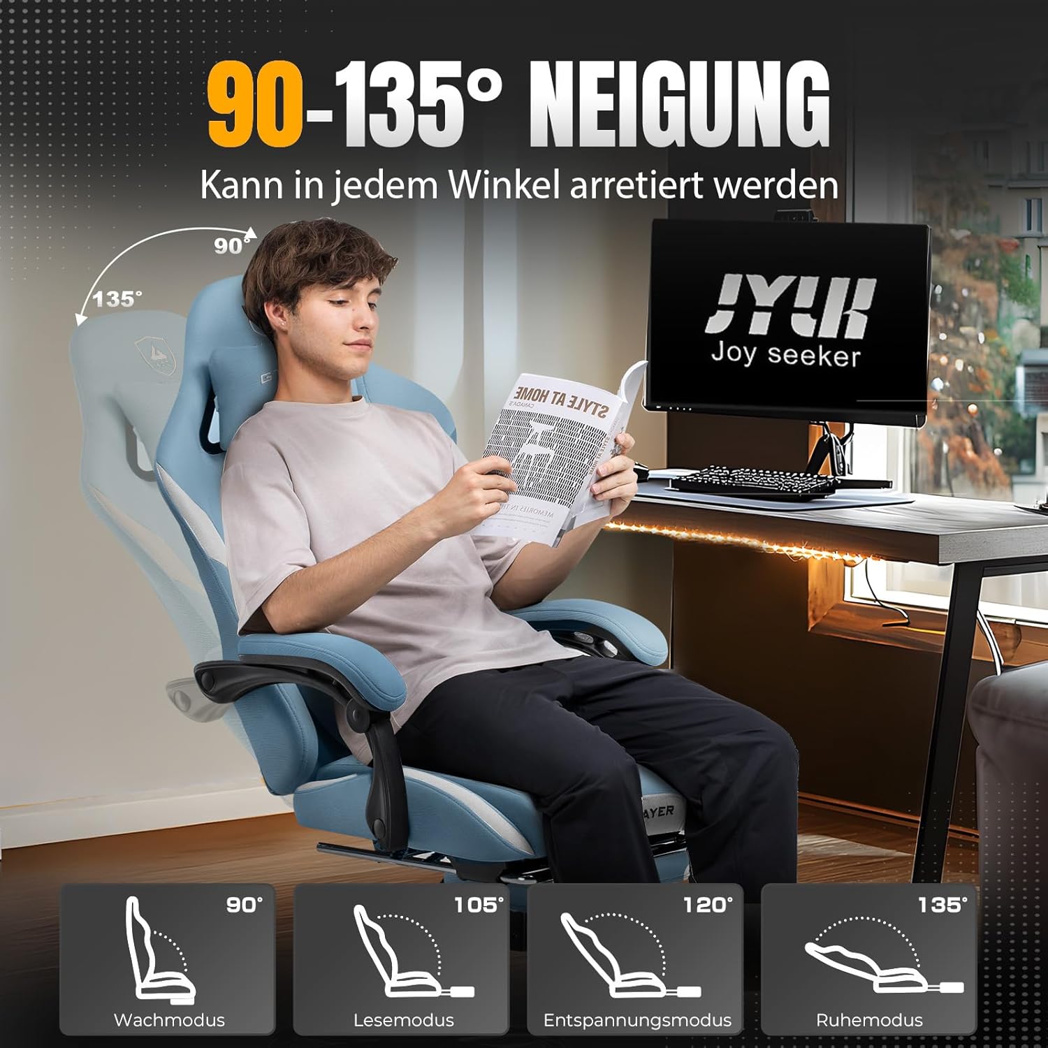 GTPLAYER Gaming Stuhl, Gamer Stuhl, Atmungsaktiver Bürostuhl aus Hochwertigem Stoff, Ergonomischer PC-Stuhl, Verstellbarer und Drehbarer Schreibtischstuhl mit Fußstütze, blau