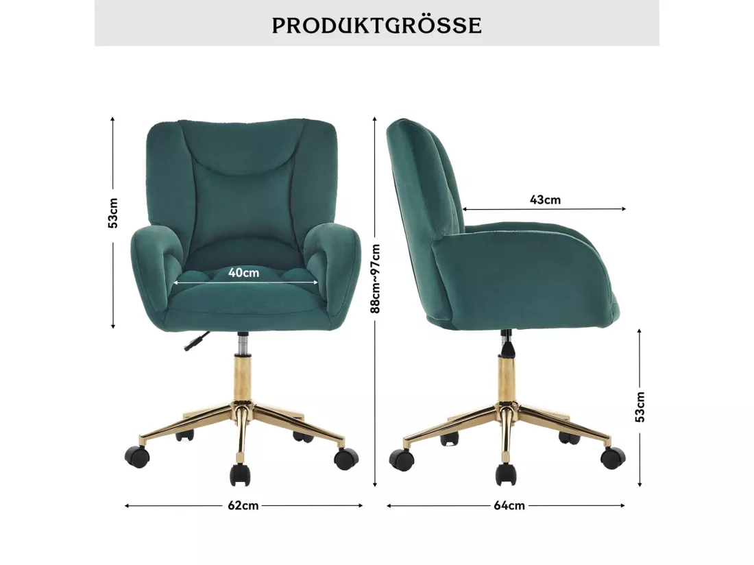 Chaise de bureau - Velours - Vert - Hauteur réglable - avec roulettes pivotantes et dossier ergonomique - 62x64x88/97cm