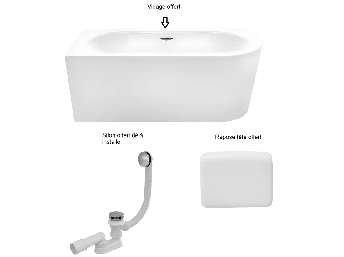 Baignoire d'angle Blanc + Siphon Blanc et Vidage inclus + Repose tête - AVITA S CLASSE - GAUCHE - 150 x 75 cm