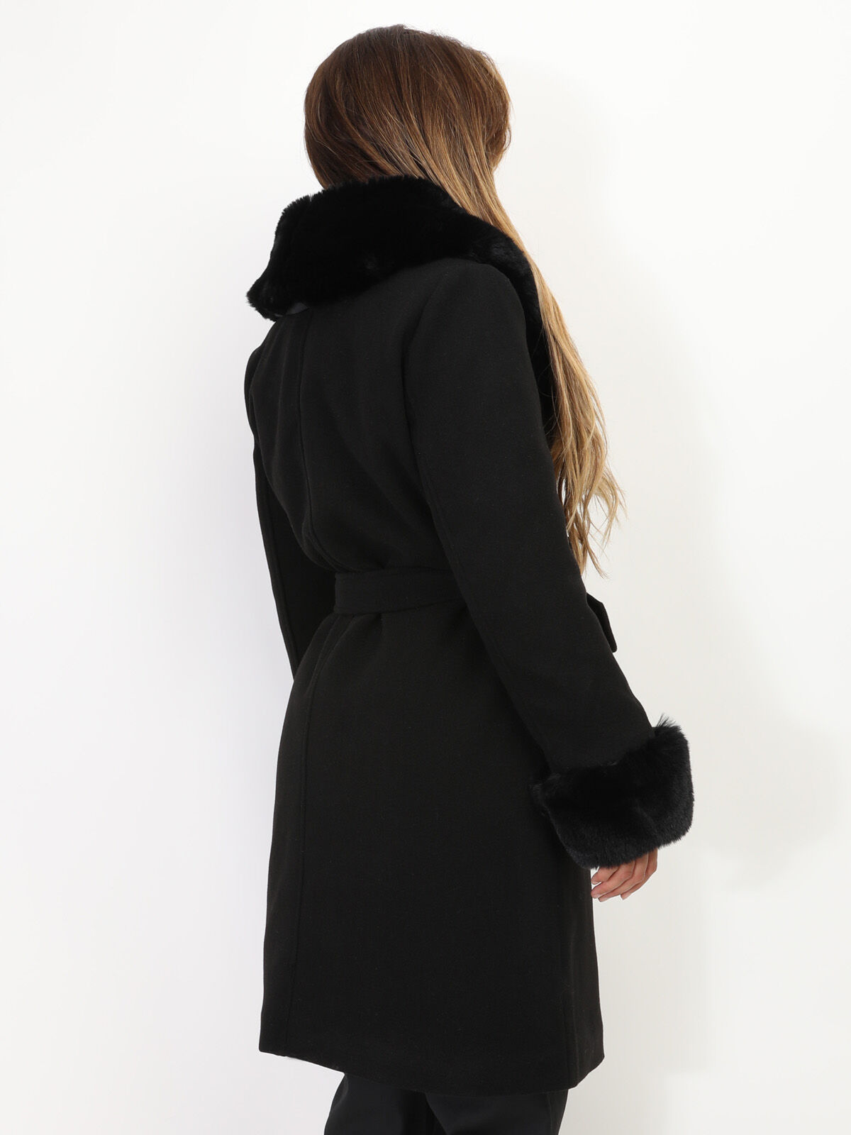 Manteau bi-matière à col et manches fourrés- Noir