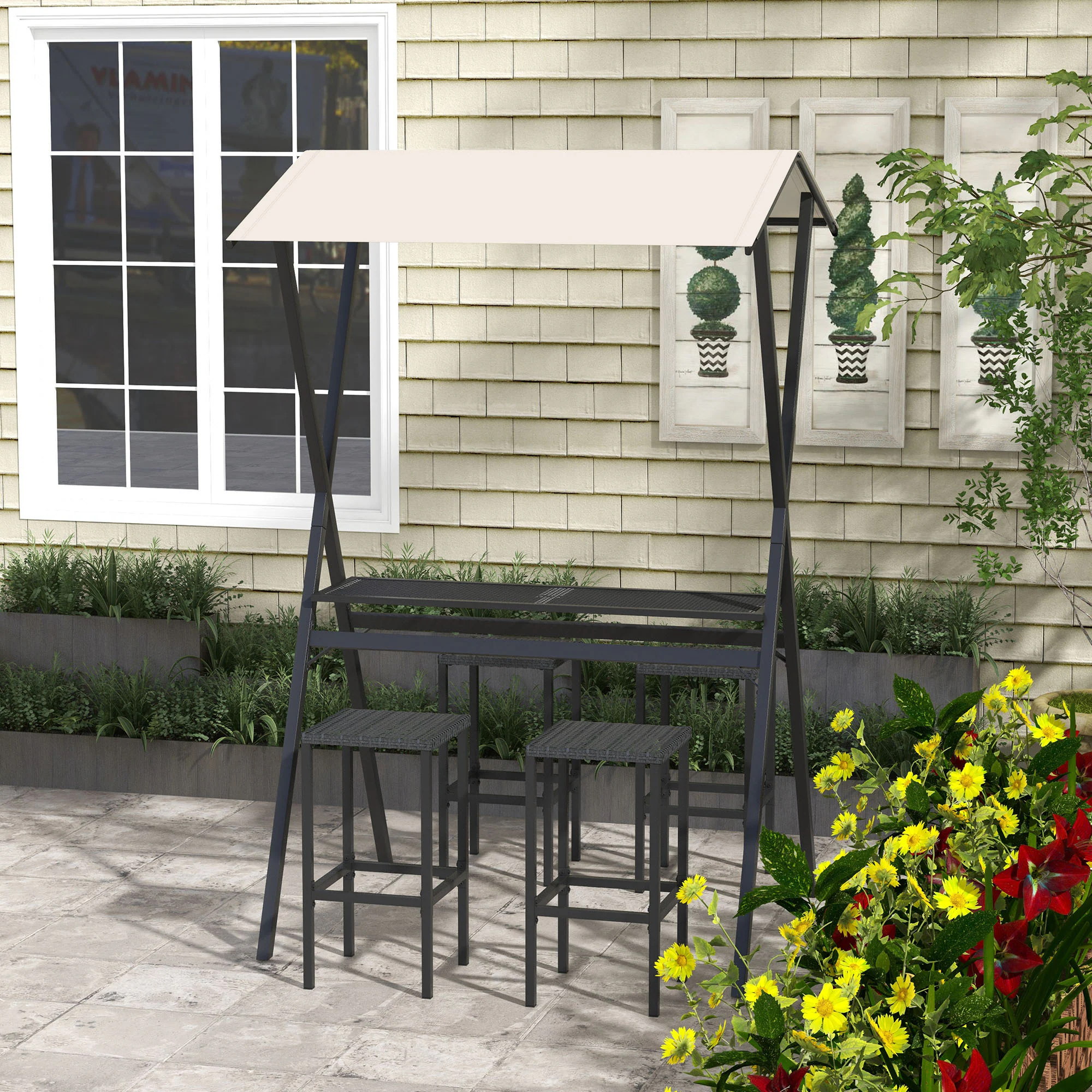 Outsunny Gartenbar-Set mit Dach schwarz 147L x 135B x 230H cm