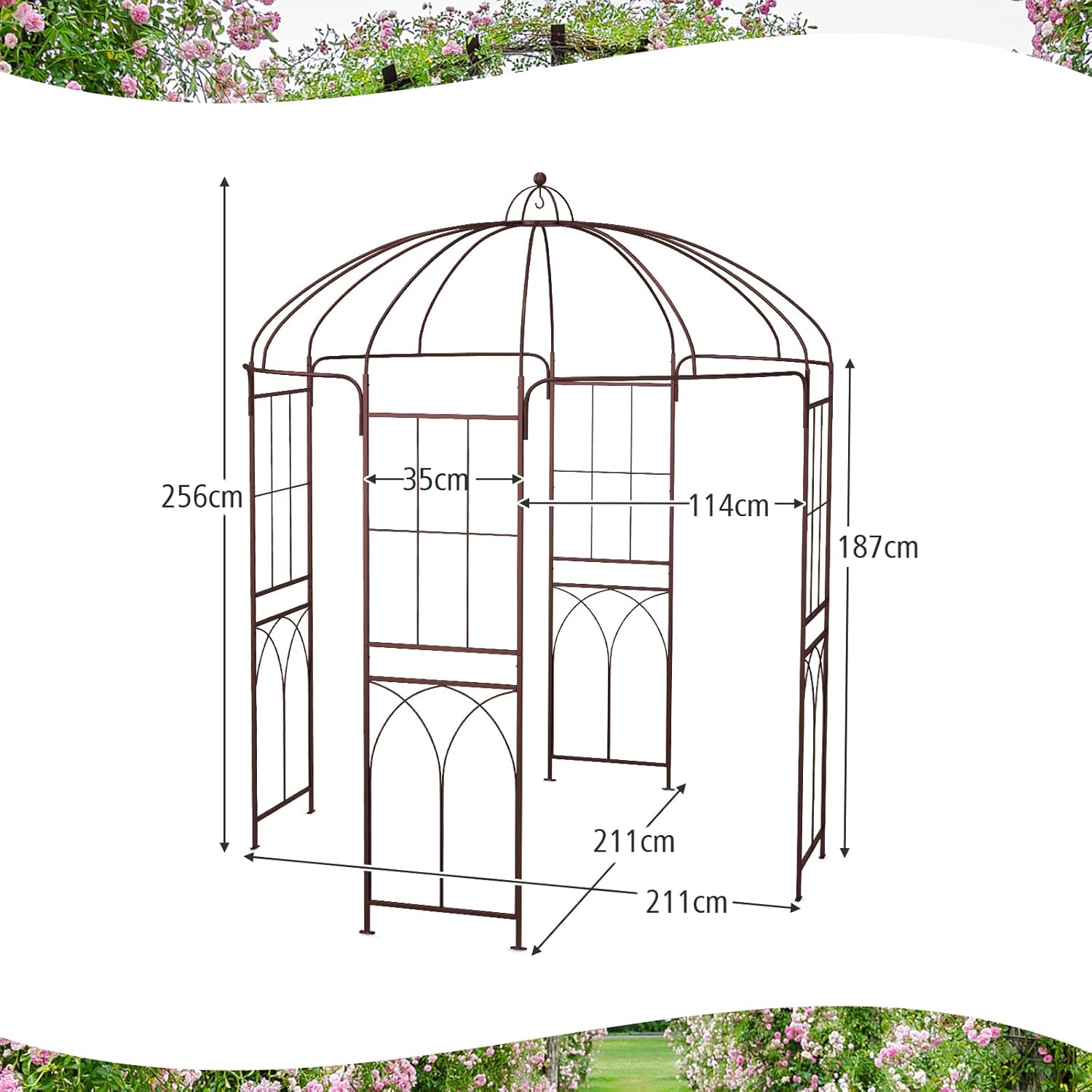 COSTWAY Rosenbogen, Metall Torbogen Rankhilfe Rankgitter Rankbogen Gartenbogen, Rosenpavillon für Kletterpflanzen, Hochzeit, 211 x 211 x 256 cm