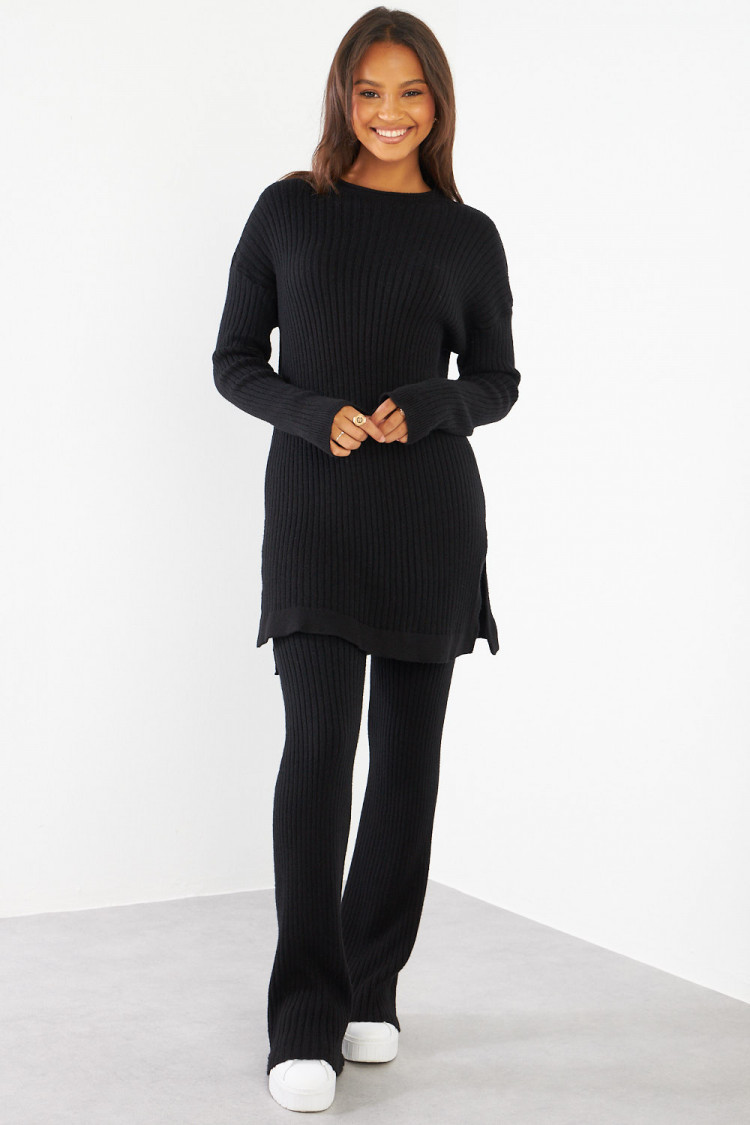 Ensemble 2 pièces pull + pantalon noir en laine côtelé
