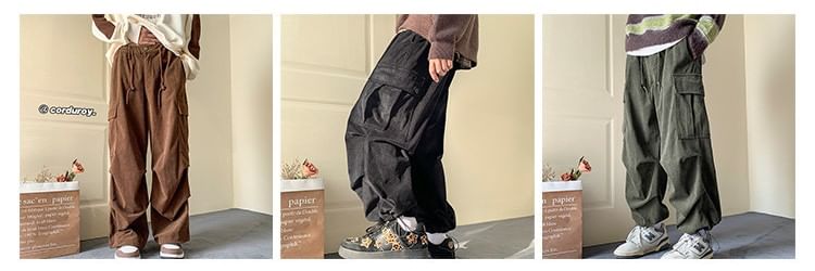 Femilina - Mid Rise Plain Corduroy Wide Leg Cargo Pants
