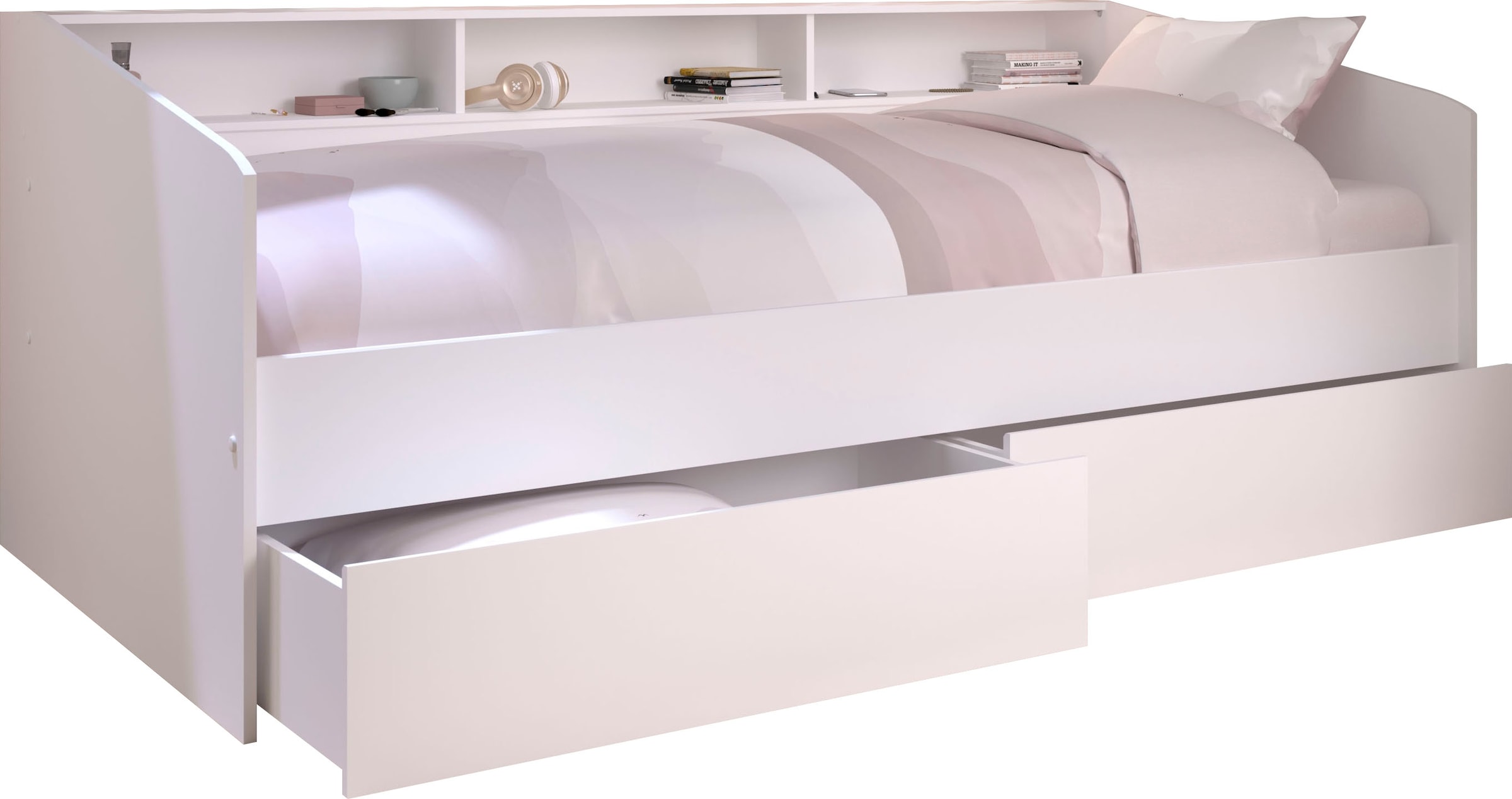 Parisot Stauraumbett »Sleep, Daybed, Kinderbett, Rückwand der Regale drehbar (farbig + weiss)« inklusive, Regale, Schubkästen, viel Stauraum, TOPSELLLER!