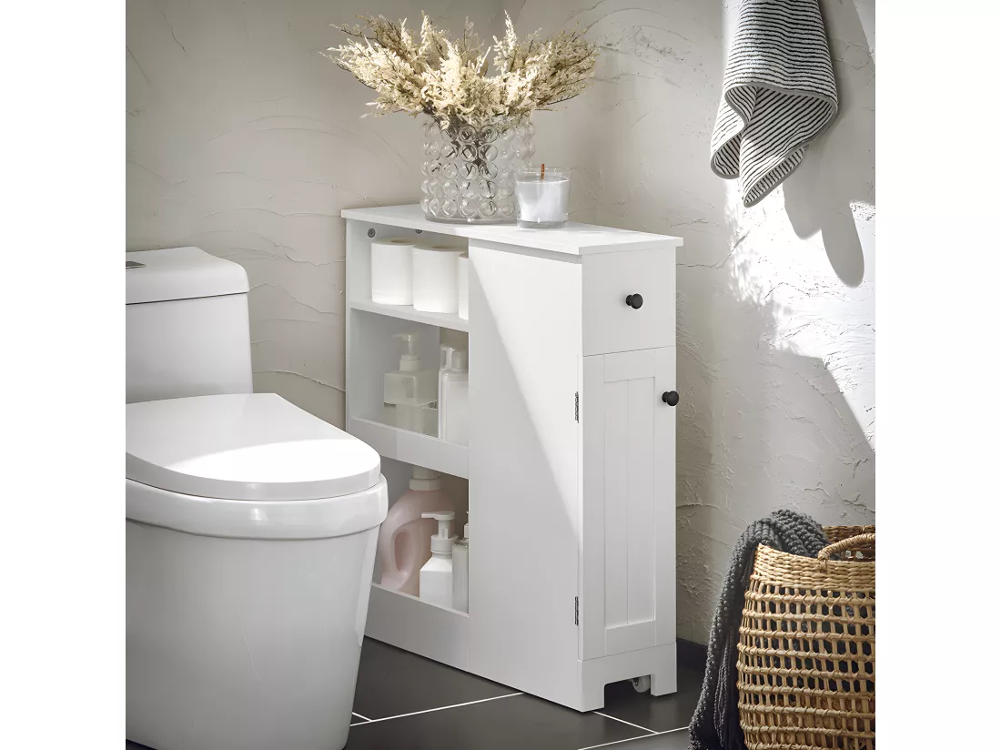 SoBuy BZR106-W Meuble de Rangement Salle de Bain Étroit sur Roulettes, Support Papier Toilette, Armoire Toilettes WC 1 tiroir, 1 porte et 3 étagères