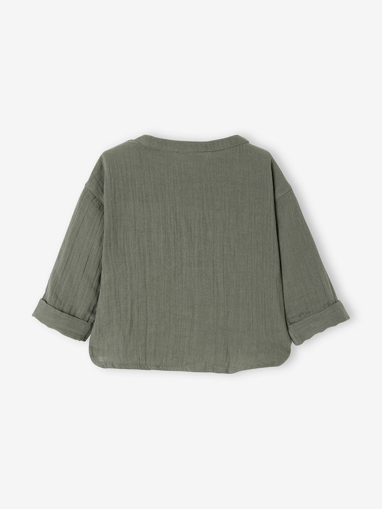 Camisa de algodão chiffon personalizável com gola mandarim para bebê.