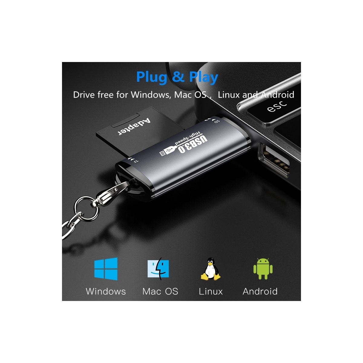 NÖRDIC USB-A 3.0 kortleser 2 spor SD, MicroSD UHS-I