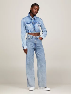 Jaqueta jeans cropped com cinto na cintura