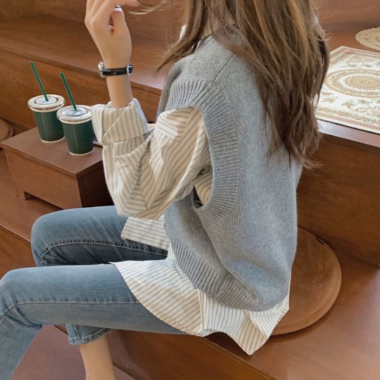 Brigitte - Gestreept shirt / V-hals trui vest