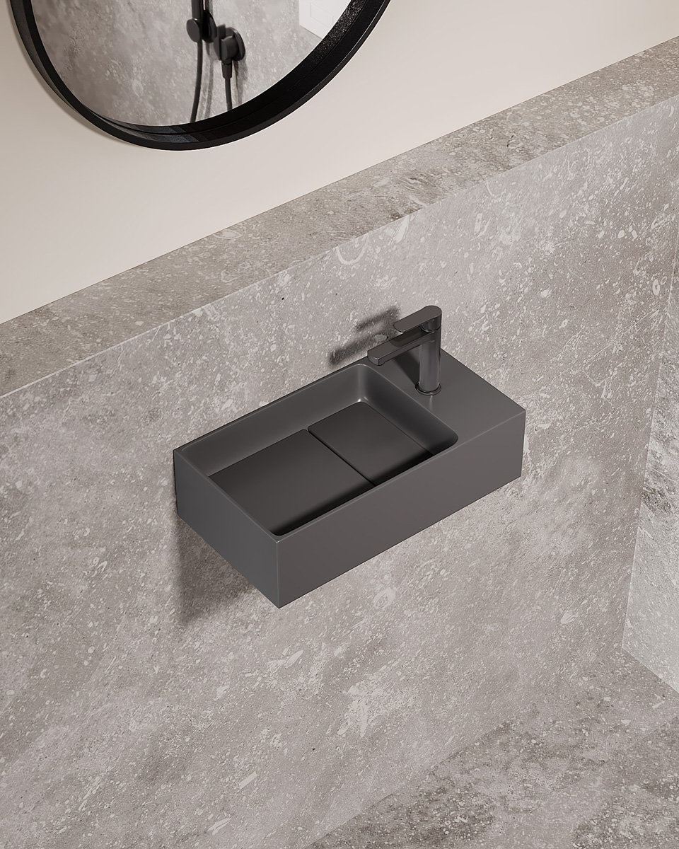 Saniclear Itsie fontein mat antraciet met kraangat rechts 39x22x10cm