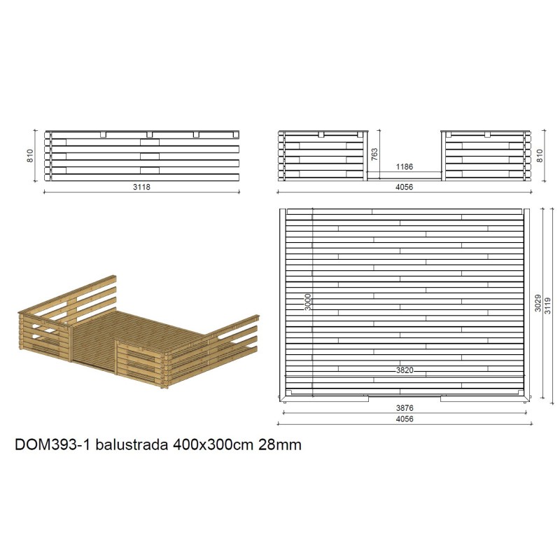 Abri de jardin en bois - 4x4 m - 28 m2 + terrasse avec balustrade et avant-toit en bois