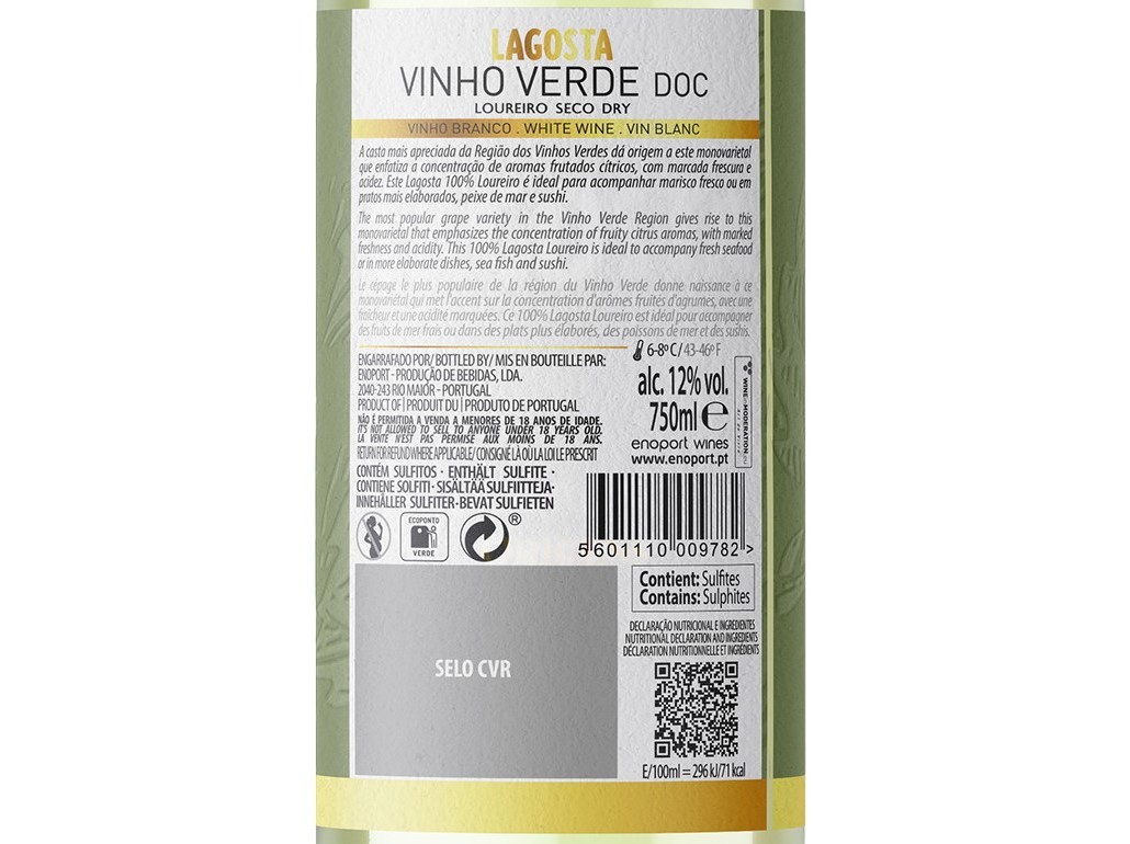 VINHO BRANCO LAGOSTA LOUREIRO VINHOS VERDES 0.75L