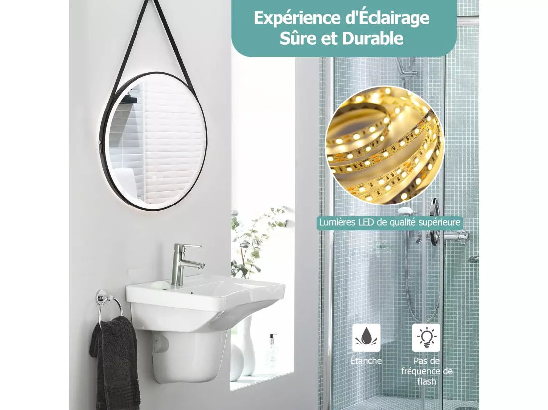 Miroir Anti-Buée Salle de Bain de 60 cm avec Sangle en Cuir, Miroir Anti-Eau Rond LED, Fonction Anti-Buée et Mémoire, Dimmable, 3 Couleurs