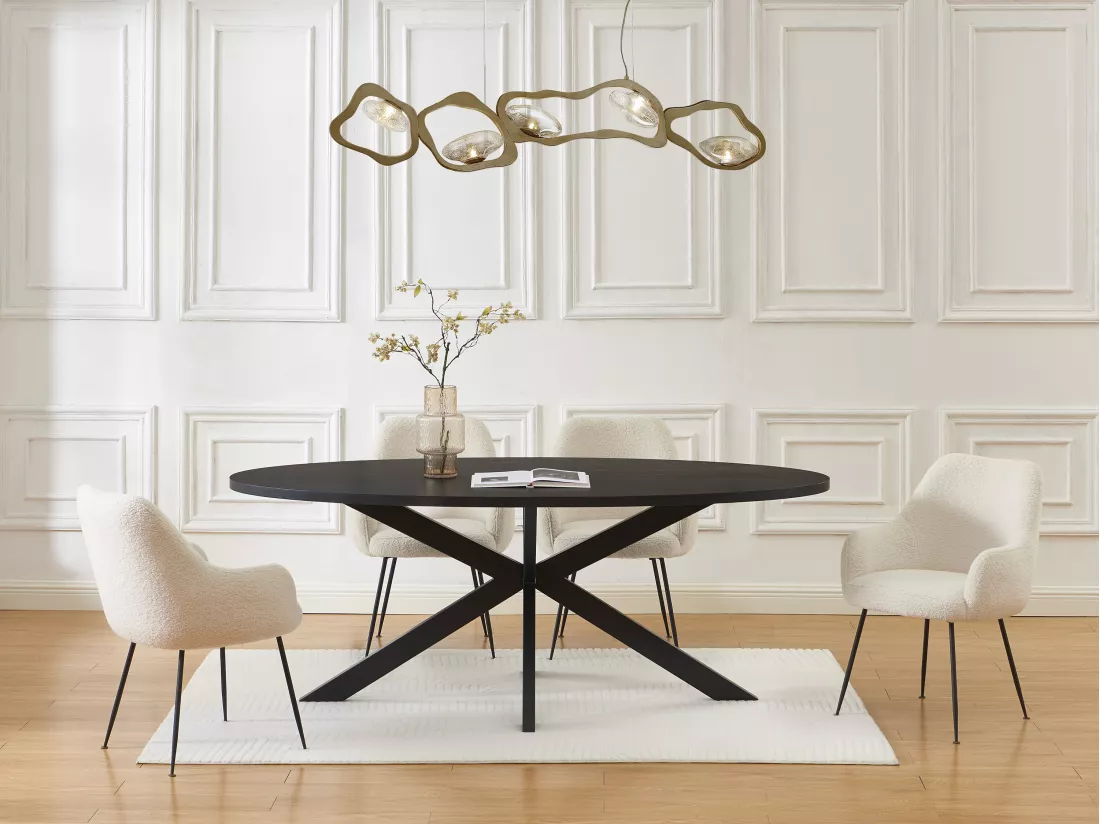 Table à manger 8 personnes placage chêne et métal - Noir - LINIOMA