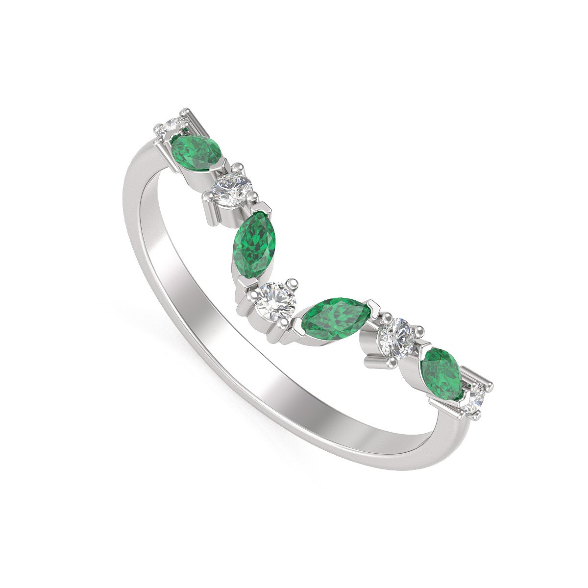 Bague ADEN Or 585 Blanc Emeraude et diamants 1.9grs