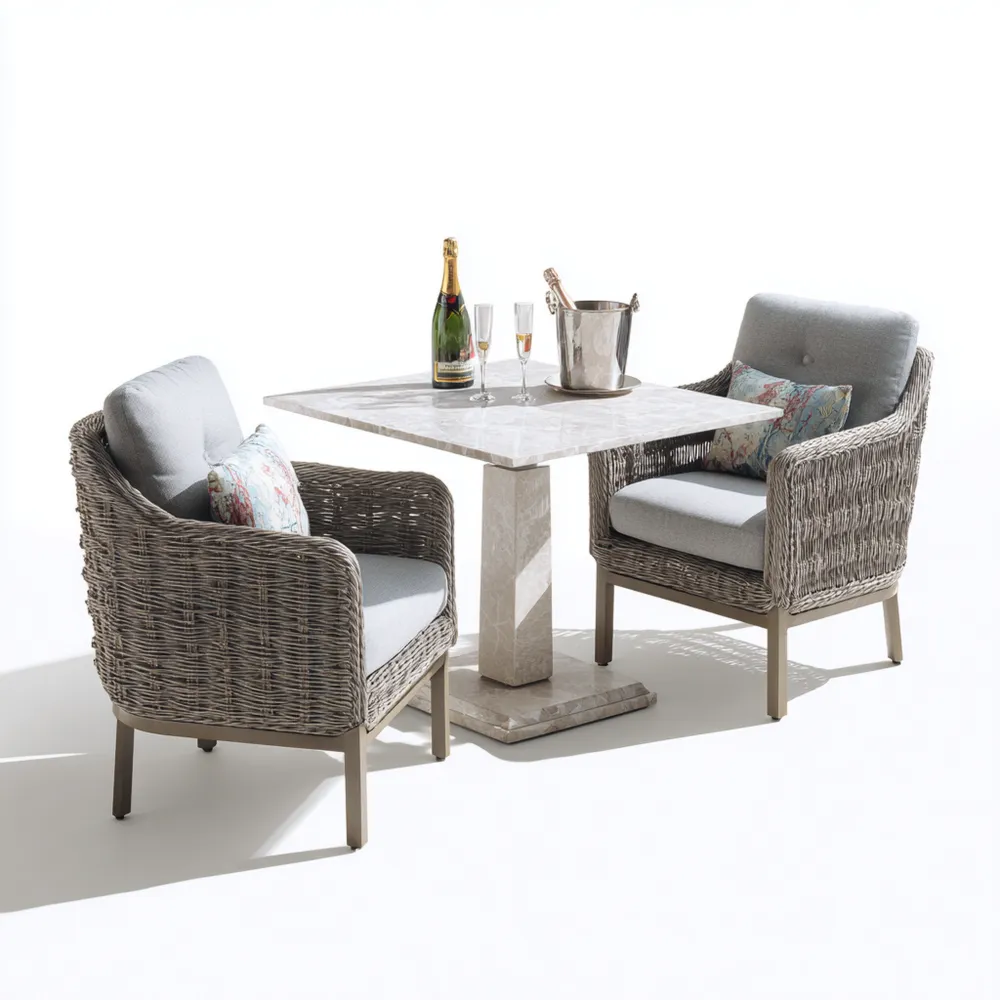Garten-Esstisch-Set Rattan 2-Sitzer mit Steinplatte 80x80x75 cm – Grau – Modernes Design
