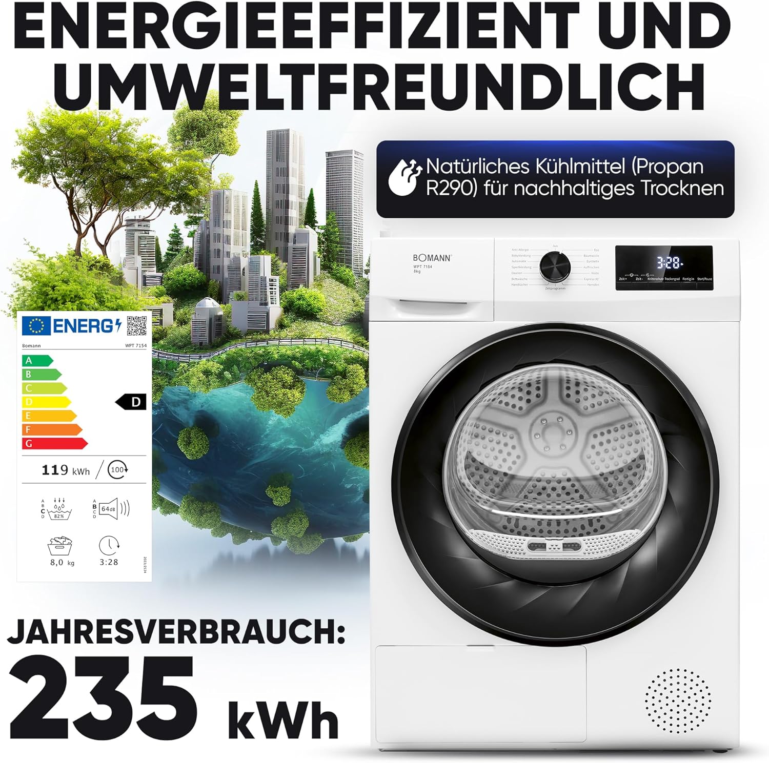 Bomann® Wärmepumpentrockner 8kg | kein Wasseranschluss nötig | Trockner m. Antiknitterfunktion | Wäschetrockner 15 Programme | Kondenstrockner | umweltfreundliches Kühlmittel R290 | WPT 7154 weiß