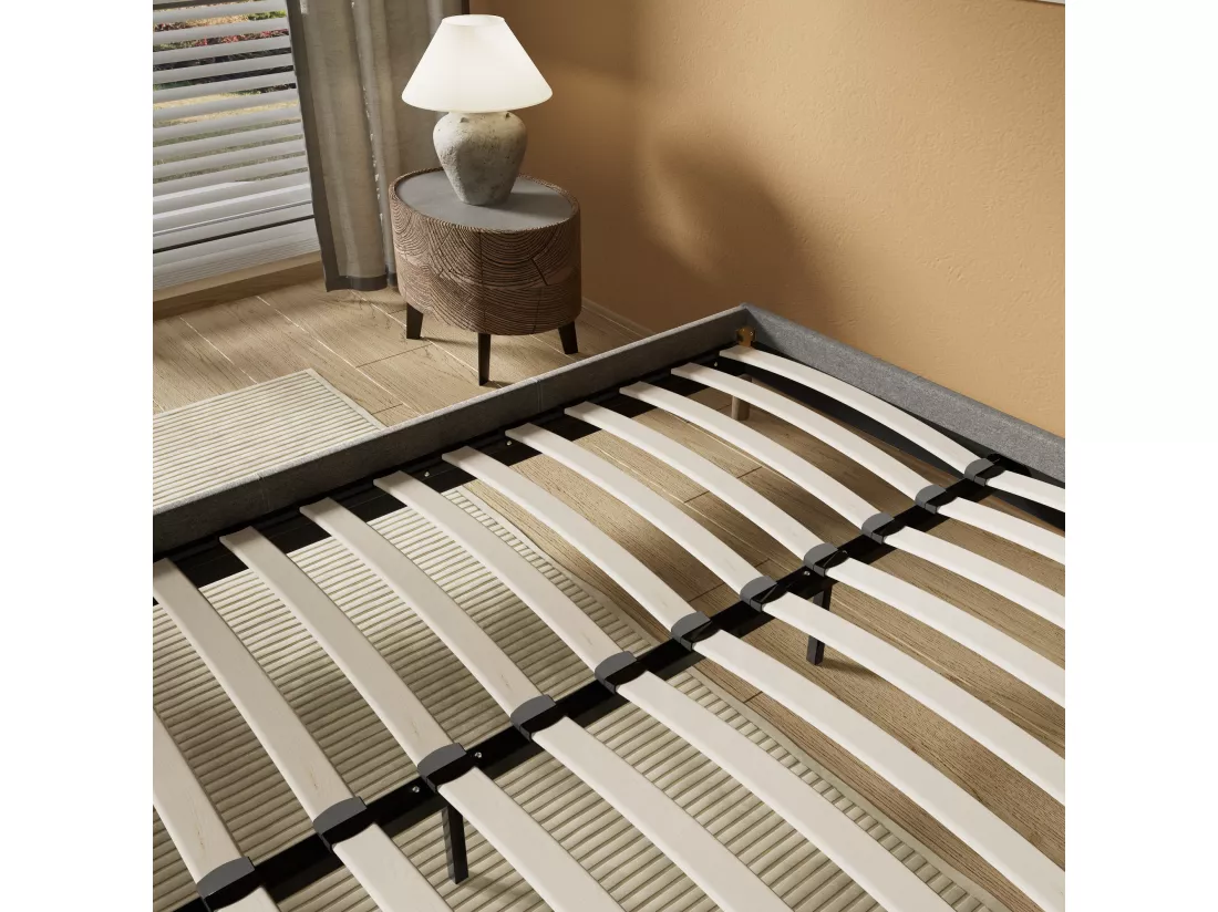 Sommier 90x190 cm, Revêtement en tissu Gris, Pieds en bois
