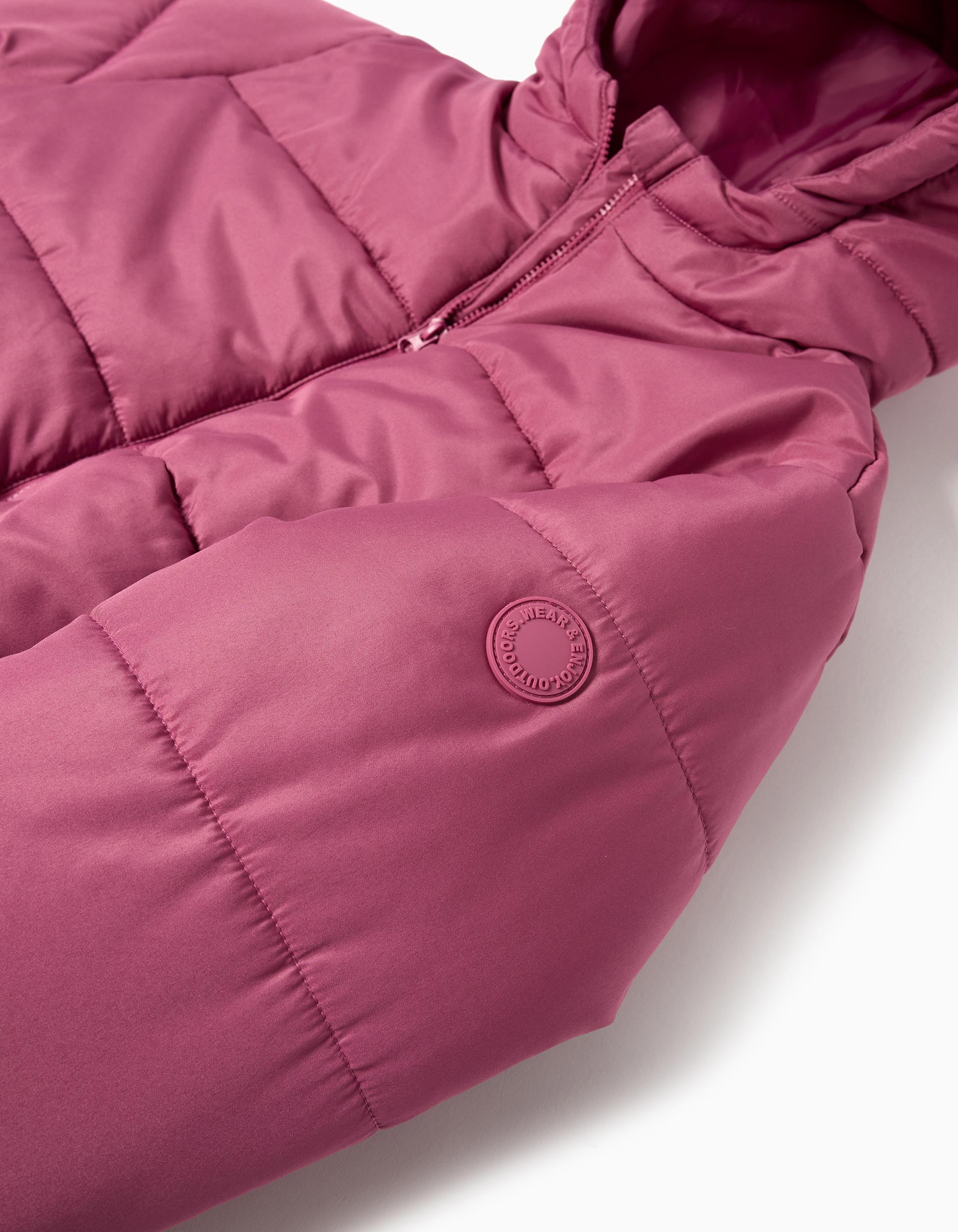 Casaco Acolchoado Capuz, Menina, Rosa Escuro