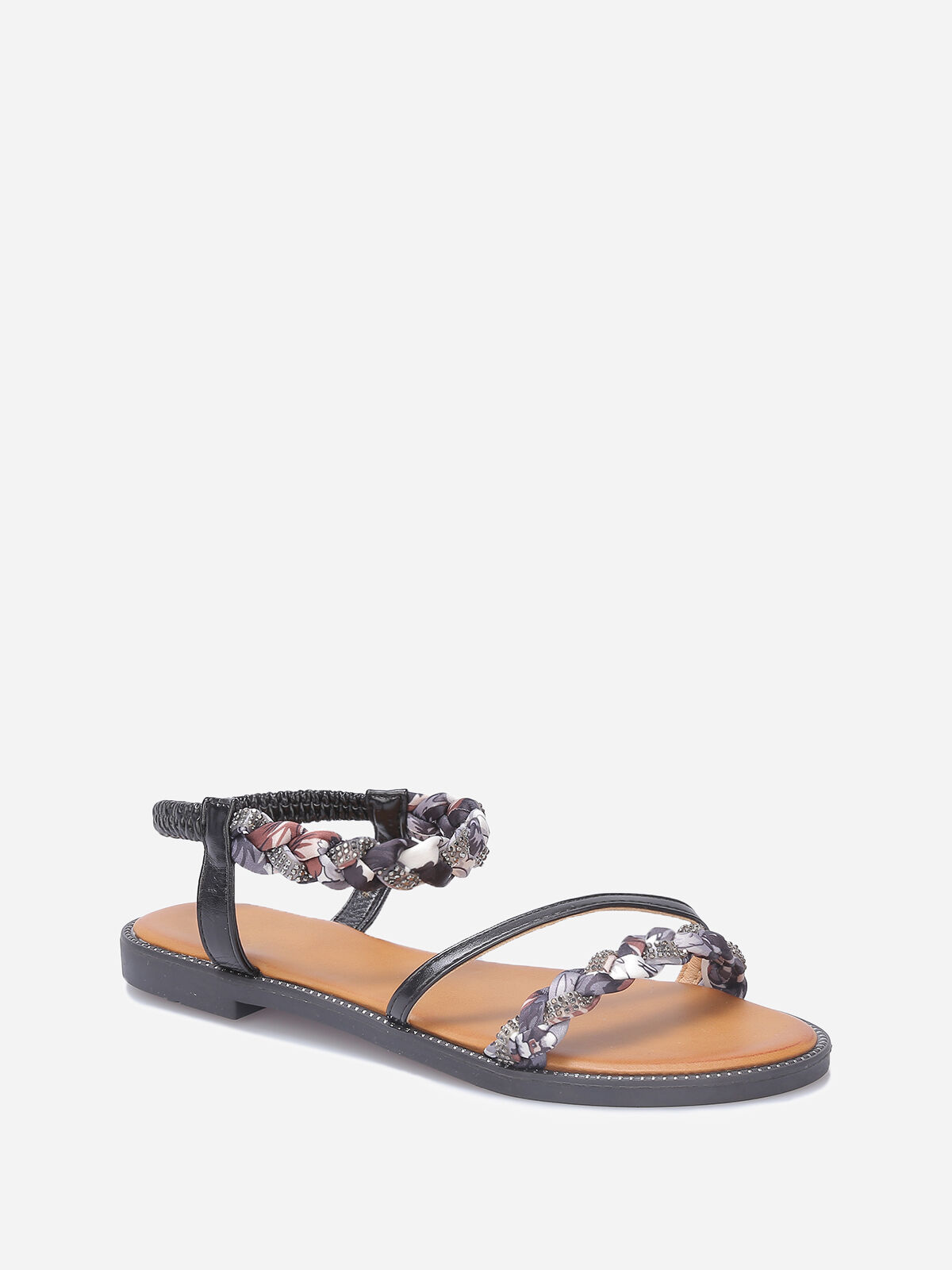 Nu-pieds à bride fleuri et strass- Noir