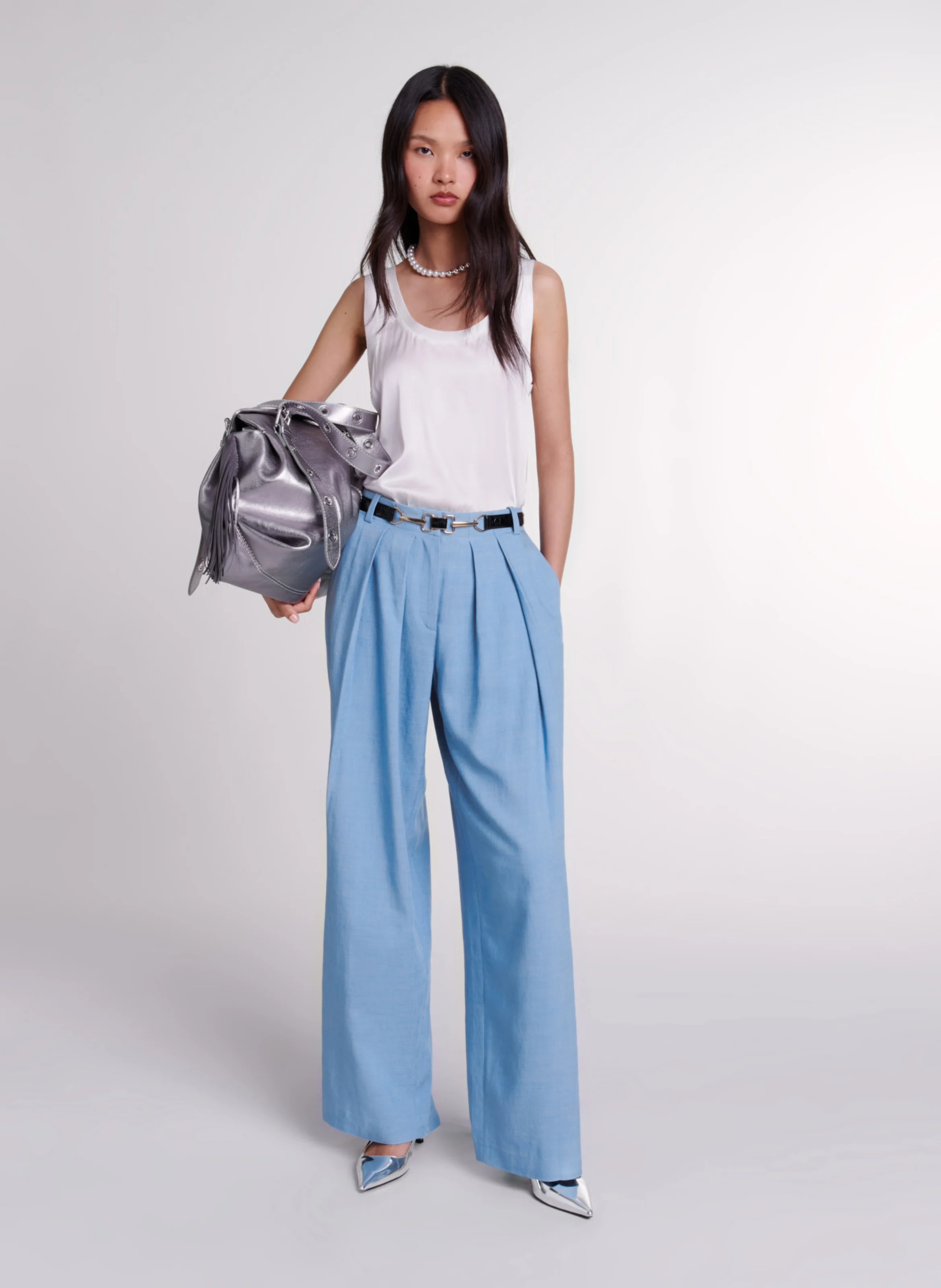 Pantalon large taille haute | Bleu