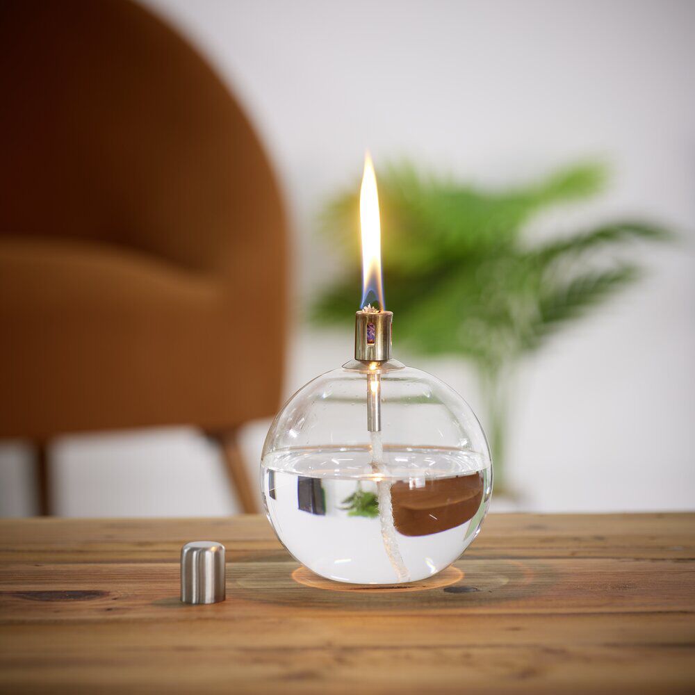 Lampe à huile ronde en verre et mèche coton H13cm
