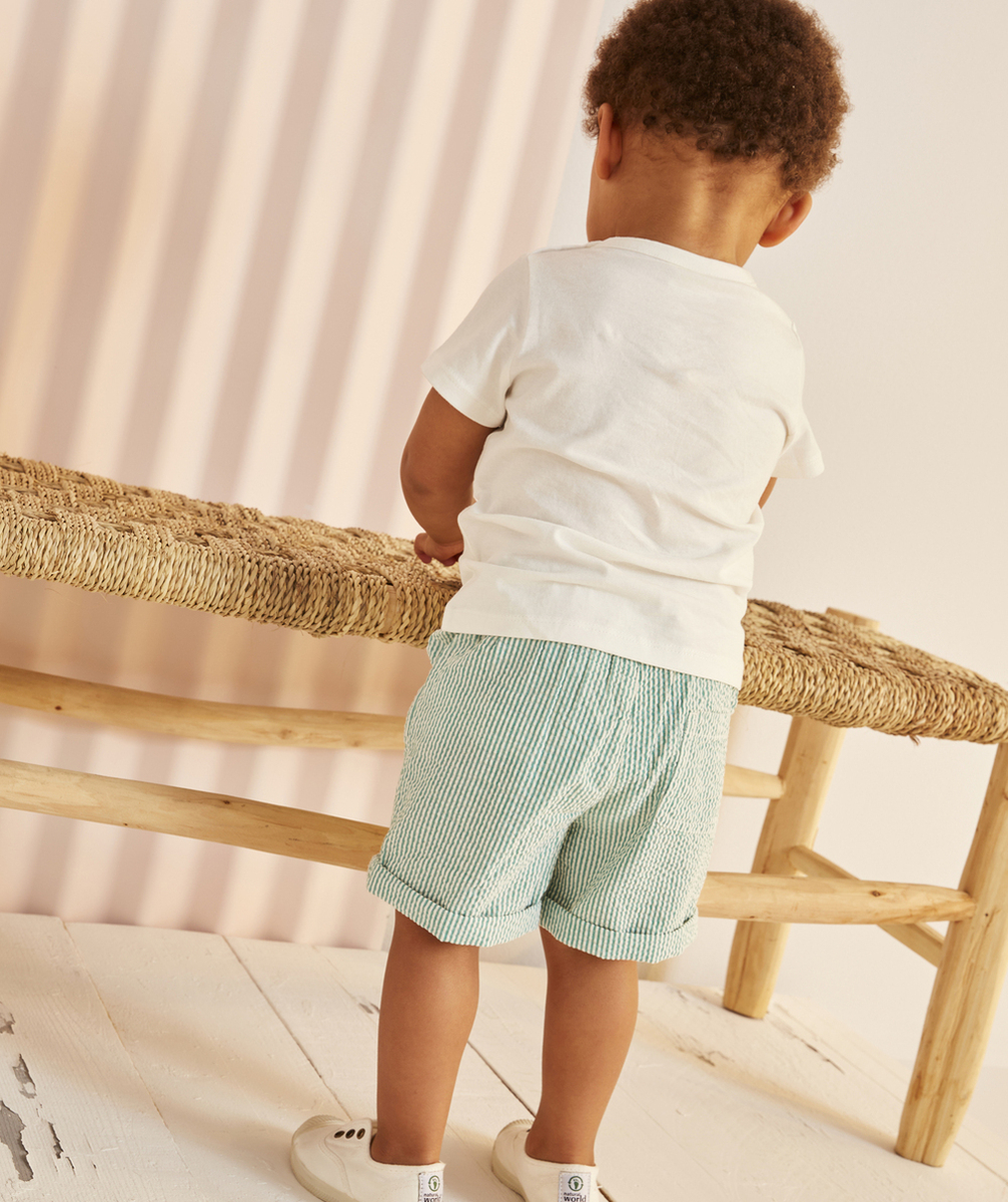 BERMUDA DROIT BÉBÉ GARÇON EN COTON RAYÉ VERT ET BLANC