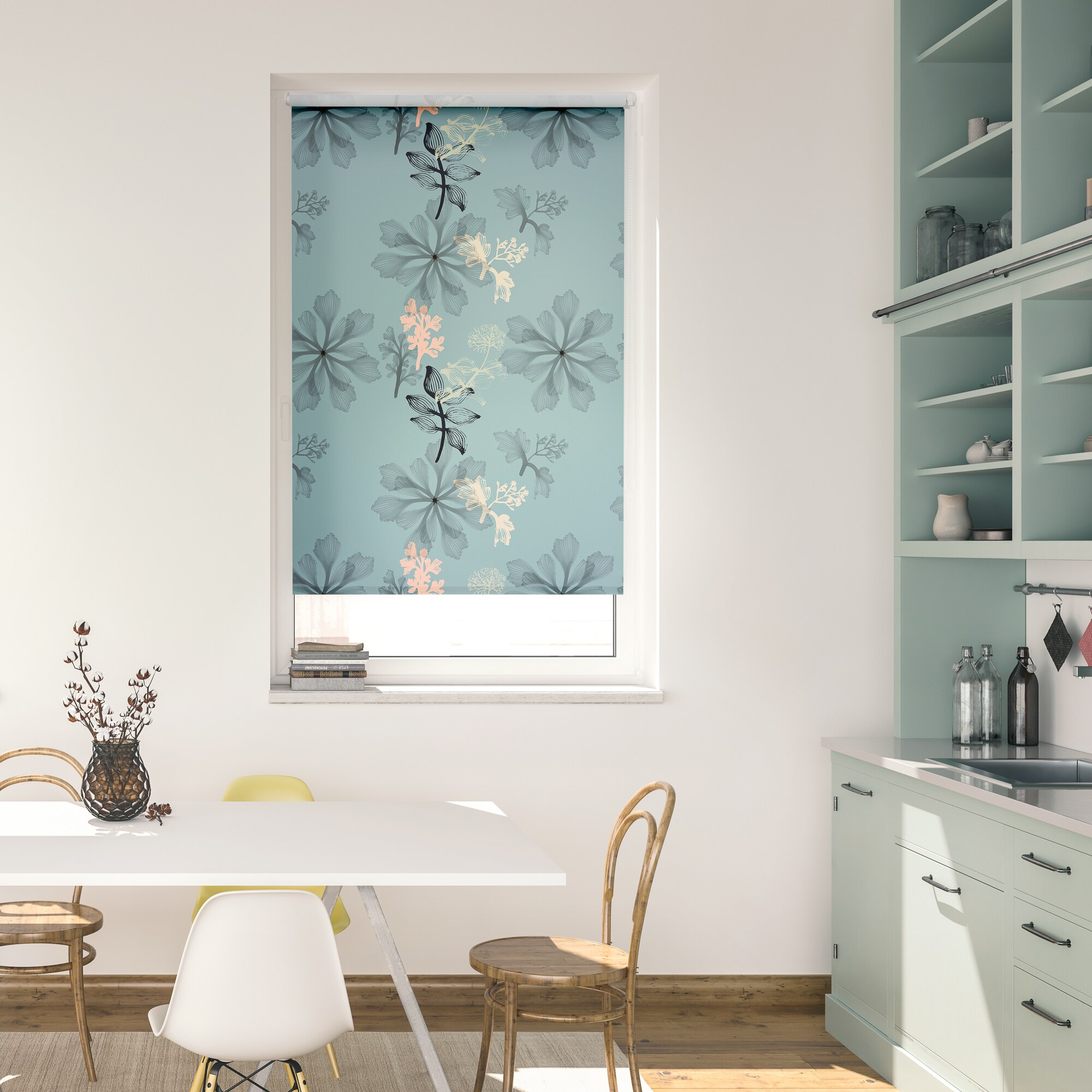 Lichtblick Rollo Klemmfix, ohne Bohren, Verdunkelung, Aqua Floral - Blau