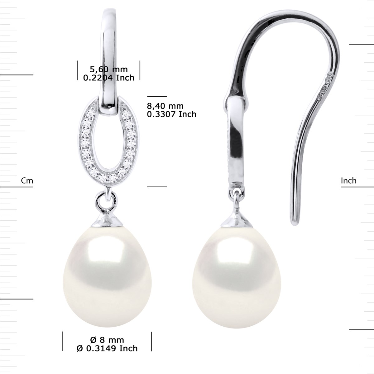 Crochets d'Oreilles Perles d'Eau Douce Poires 8-9 mm Blanches Joaillerie Argent 925