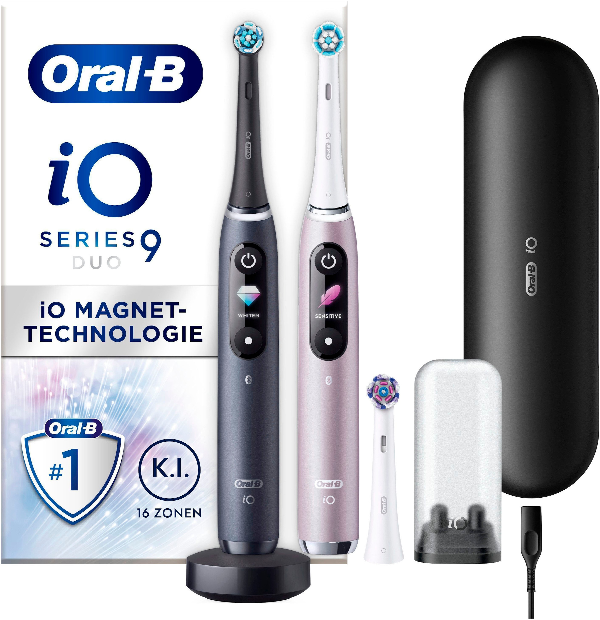 Oral-B Elektrische Zahnbürste »iO 9 Duopack« 3 Stk. Aufsteckbürsten mit Magnet-Technologie, 7 Putzmodi, Farbdisplay & Lade-Reiseetui