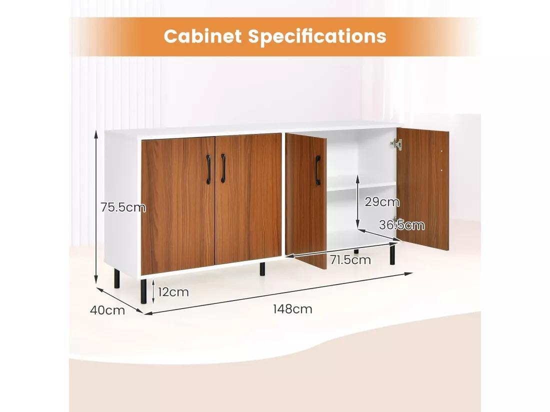 Buffet Bas - 4 Portes, 5 Pieds Métalliques -148x40x75,5CM