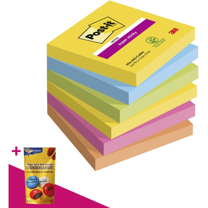 Notes repositionnables couleurs Carnival Super Sticky Post-it - bloc de 90 feuilles = Pour l'achat 12 notes repositionnables, 1 sachet de M&M OFFERT