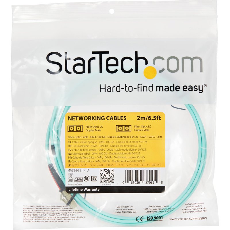 StarTech.com Câble Fibre Optique Multimode de 2m LC/UPC à LC/UPC OM4, Fibre Zipcord 50/125µm LOMMF/VCSEL, Réseaux 100G, Faible Perte d'Insertion, Cordon de Raccordement Fibre LSZH