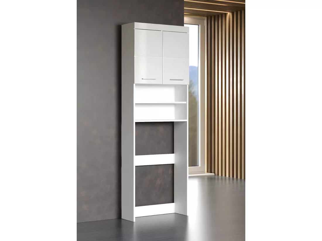 Meuble de rangement spécial de machine à laver ou WC coloris blanc brillant, blanc mat