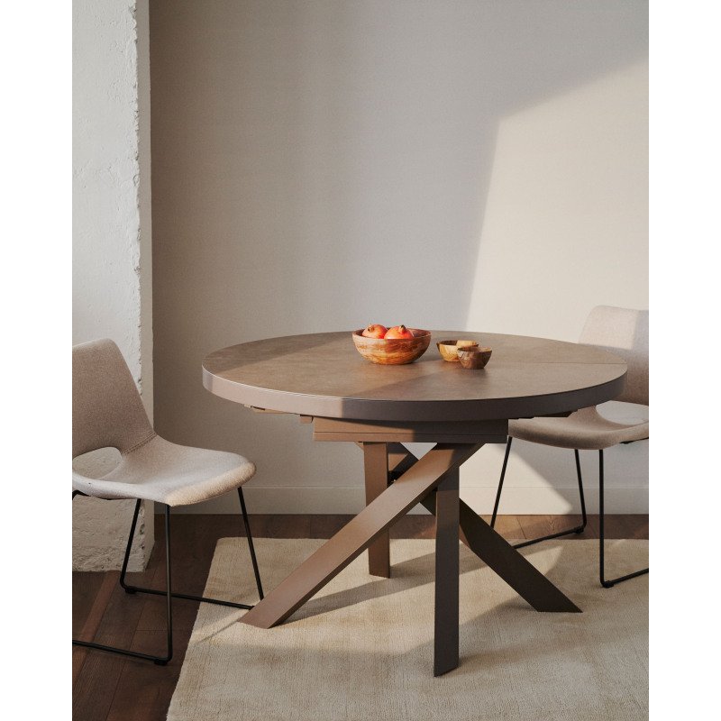 Table Vashti ronde en grès cerame et pieds marrons Ø 120 (160) cm