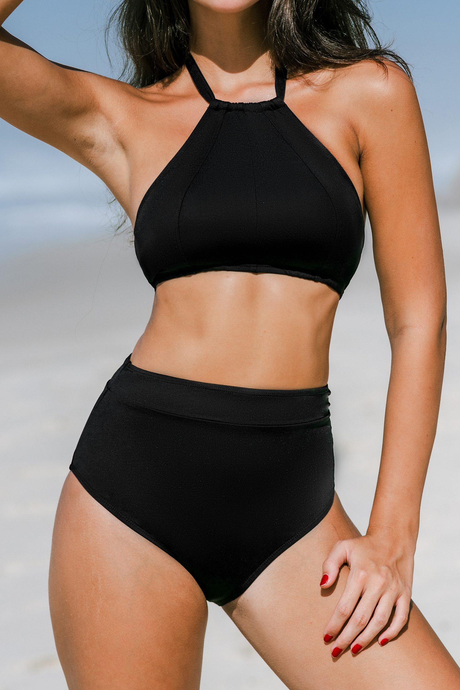 Bikini taille haute à col haut et bande noir