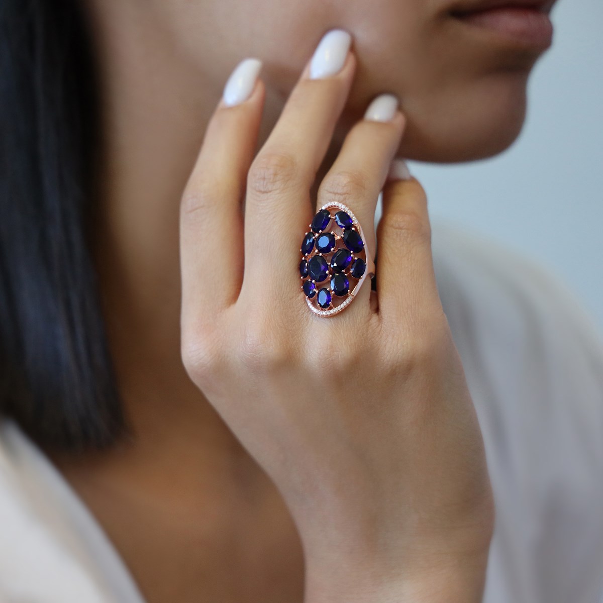 Bague Argent Rose Asymétrique Pierres Bleu Marine